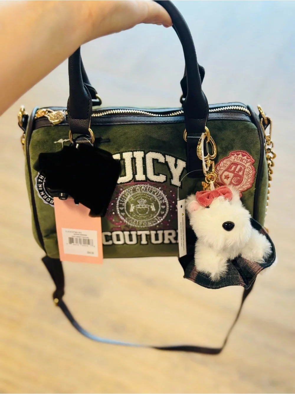 Juicy Couture Olive Green Logo Satchel with Plush Charm